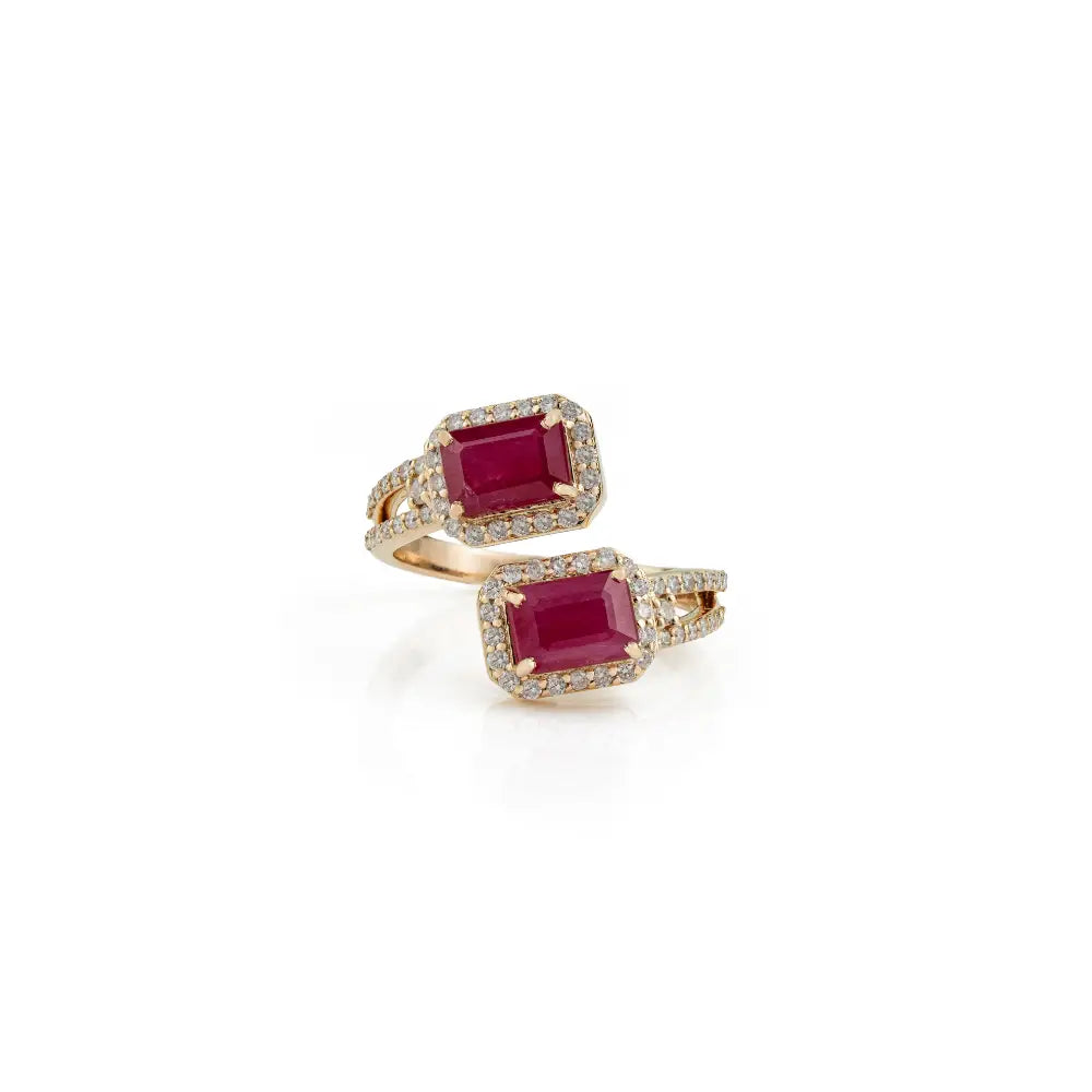 Ruby & Diamond 14K Solid Yellow Gold Fine Split Shank Halo Bypass Ring For Wedding Jewelry