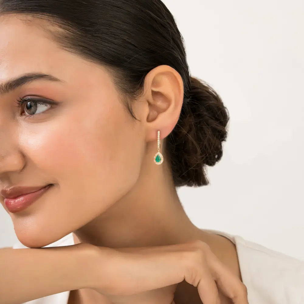 Elegant Emerald & Diamond K14 Real Yellow Gold Halo Hoop Drop Earrings Women Jewelry