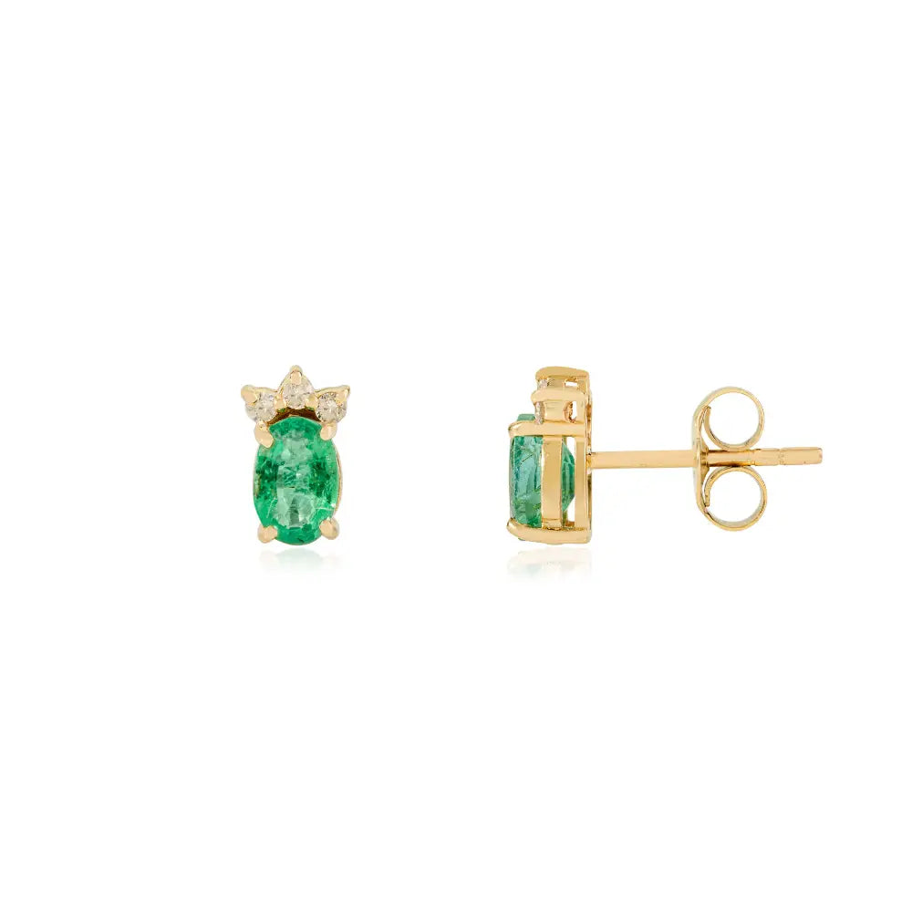 Minimalist Oval Emerald & Round Diamond 14K Yellow Gold Small Stud Earrings Daily Wear Jewelry