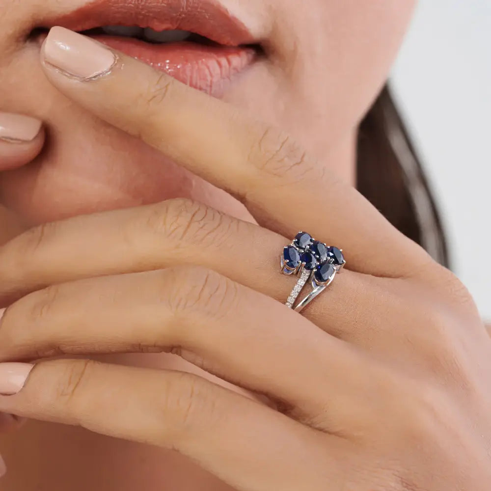 5x3mm Oval Cut Blue Sapphire & Diamond Fine 14K White Gold Wedding Ring New Arrivals Jewelry
