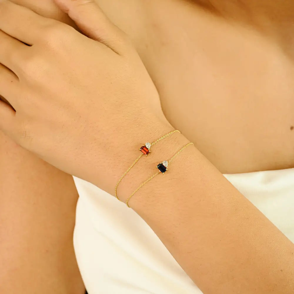 5x3mm Baguette Cut Garnet & Diamond Dainty Toi et Moi Bracelet 14K Real Yellow Gold Jewelry