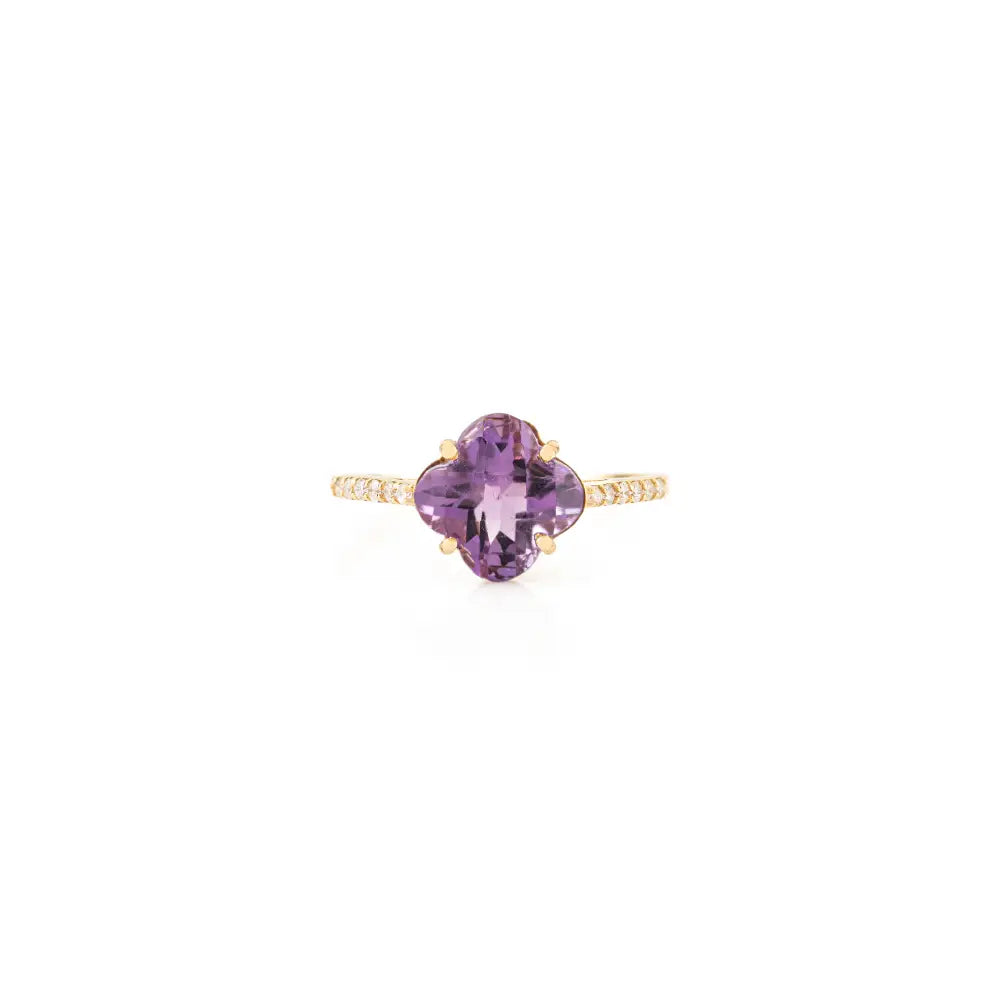 Clover Shape Amethyst & Round Cut Diamond Stackable Ring Latest 14K Yellow Gold Jewelry