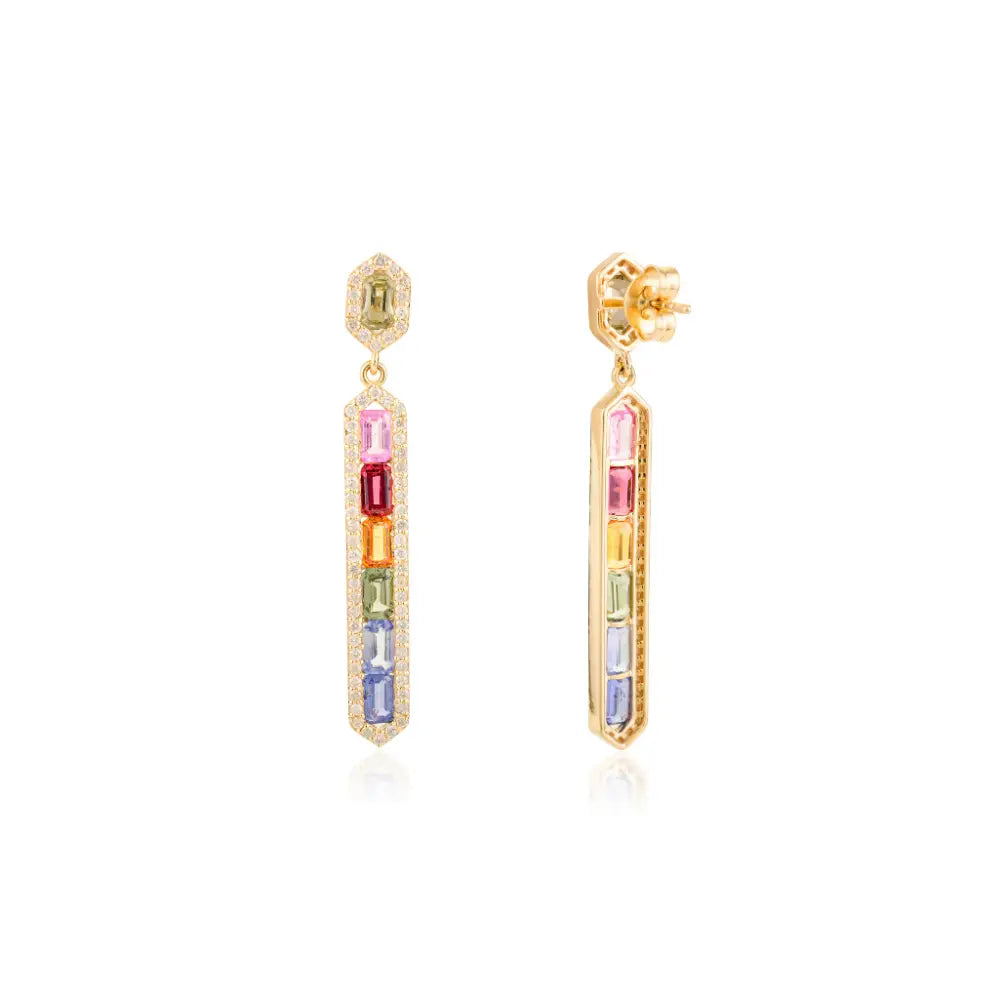 Gorgeous Design Rainbow Multi Sapphire & Diamond Statement Bar Dangle Earrings 14K Gold