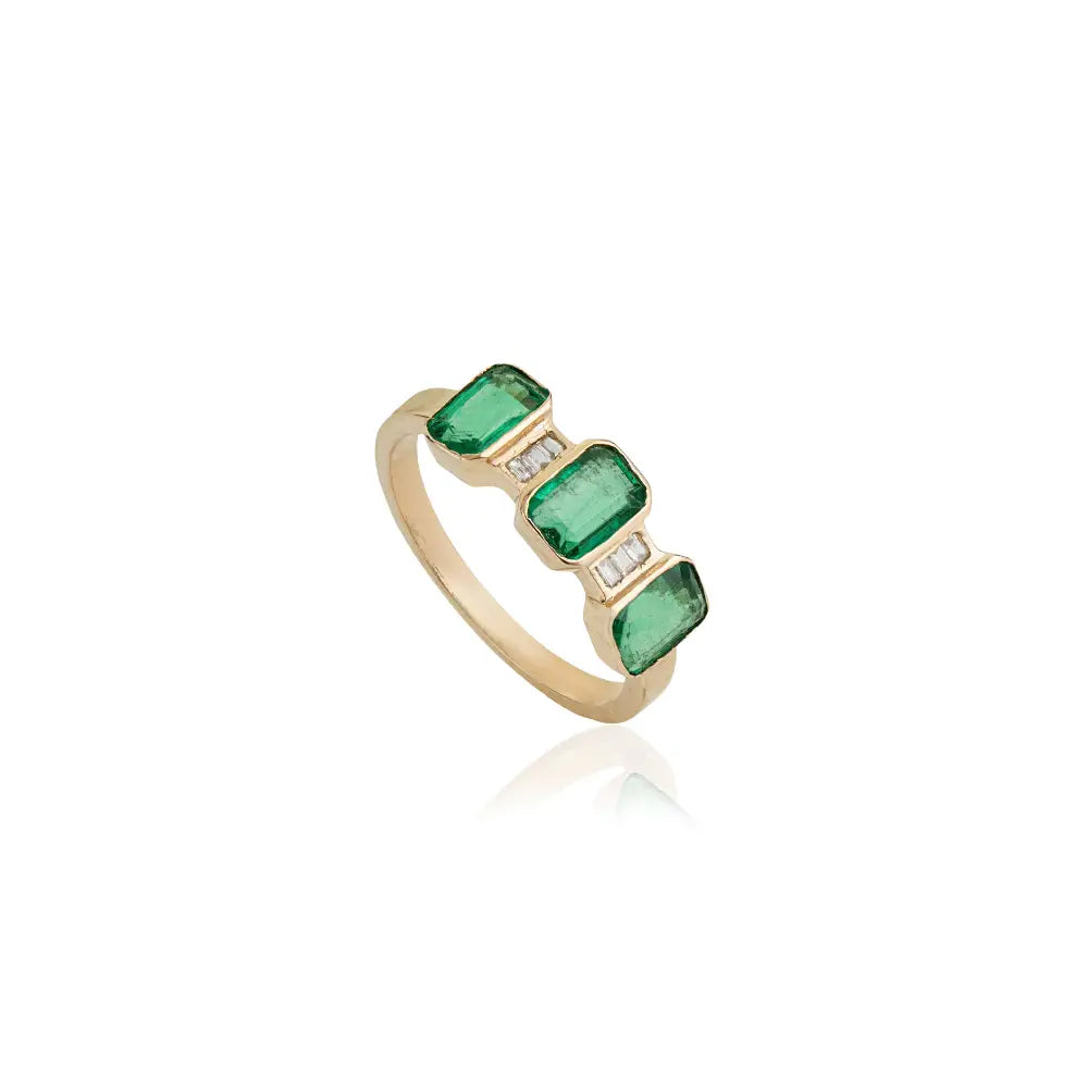 May Birthstone Natural Emerald & Diamond 14K Yellow Gold Three Stone Stackable Ring