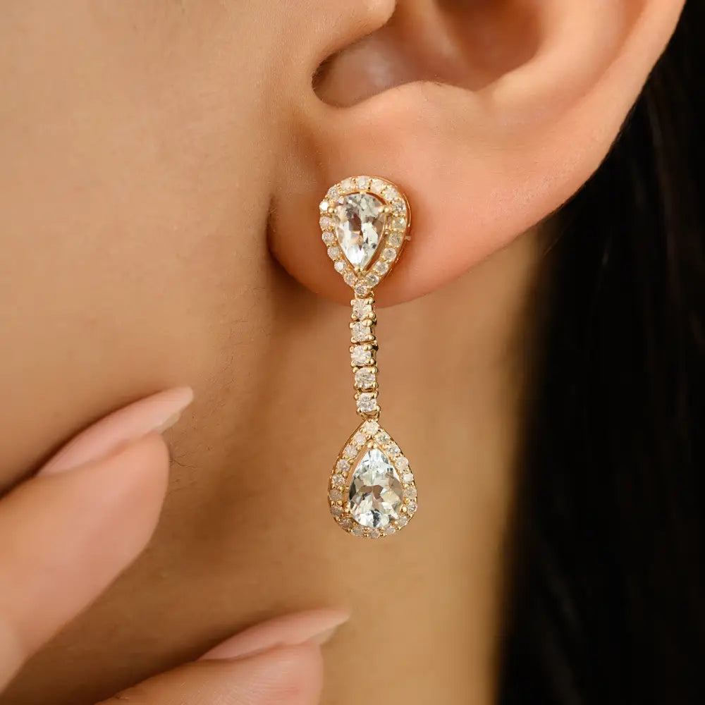 14K Yellow Gold Aquamarine & Diamond Halo Drop Earrings Women Wedding Jewelry Supplier
