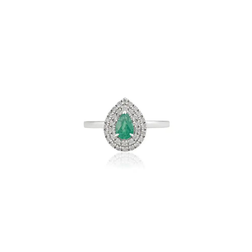 6x4 mm Emerald & Diamond Pear Shape Double Cluster Ring Classic 14K White Gold Jewelry