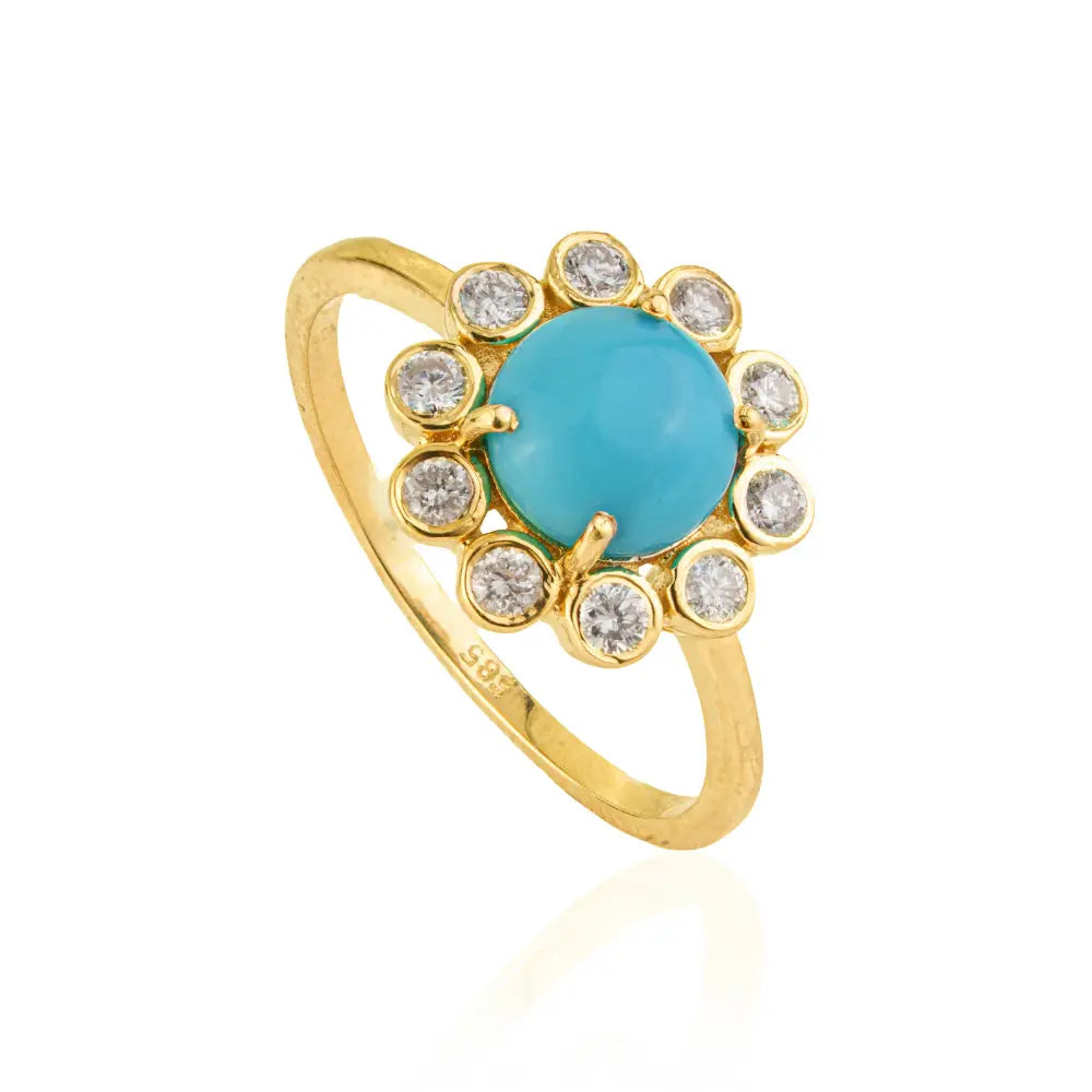 Flower Inspired 14K Yellow Gold 7mm Round Cut Turquoise & Diamond Cluster Ring For Unisex