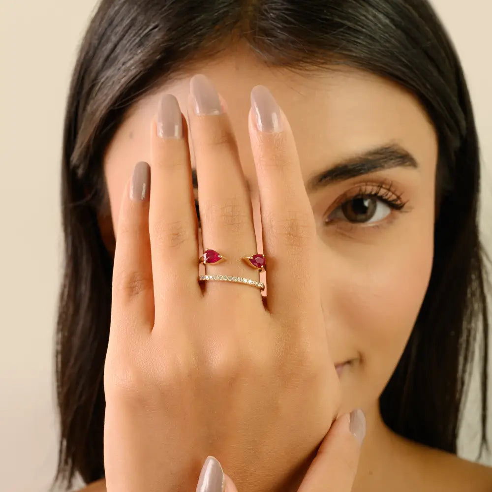 Natural Ruby & Diamond Fine 14K Solid Yellow Gold Unique Designer Ring Party Wear Jewelry