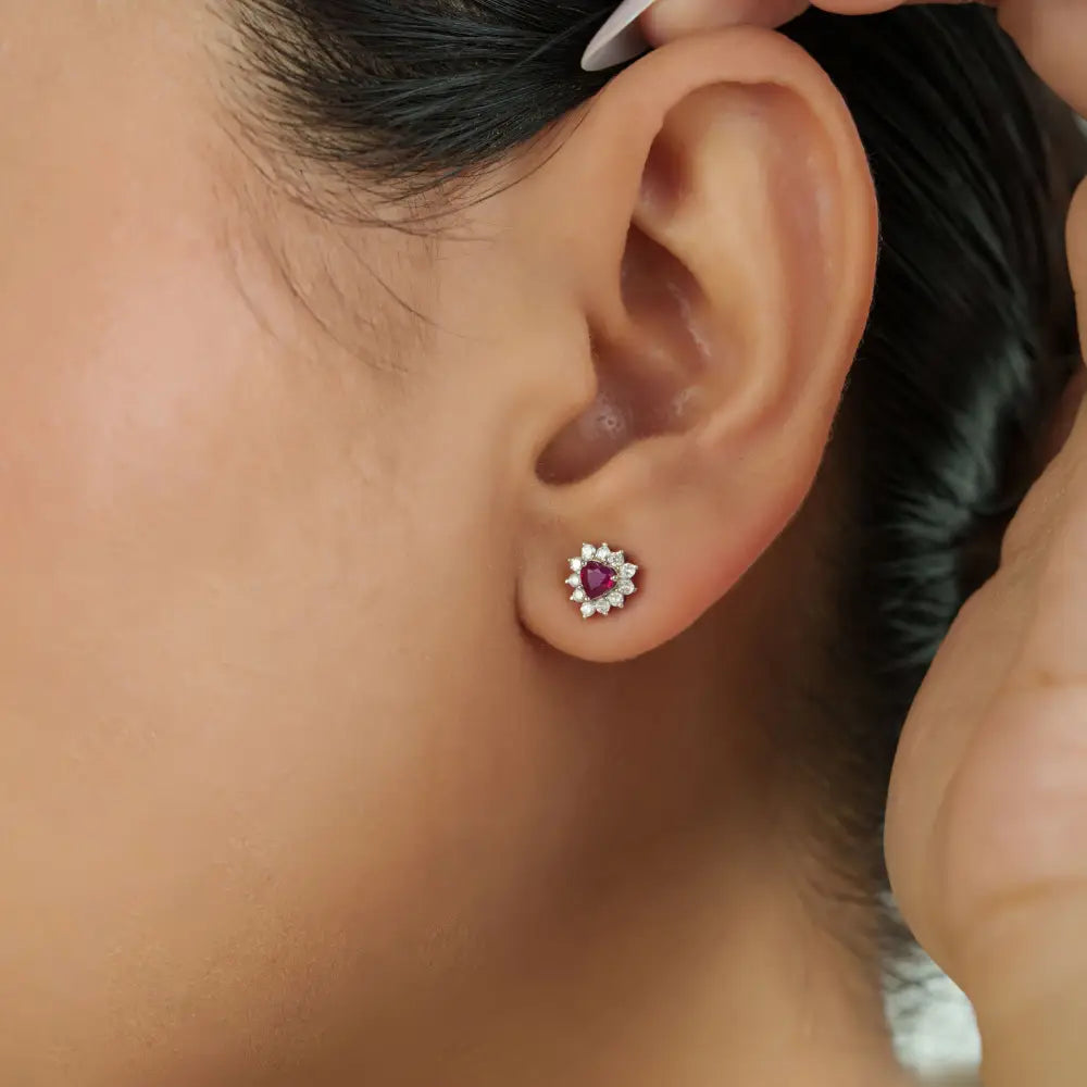 Solid 14K White Gold Heart Shape Ruby & Diamond Cluster Stud Earrings For Women & Girls