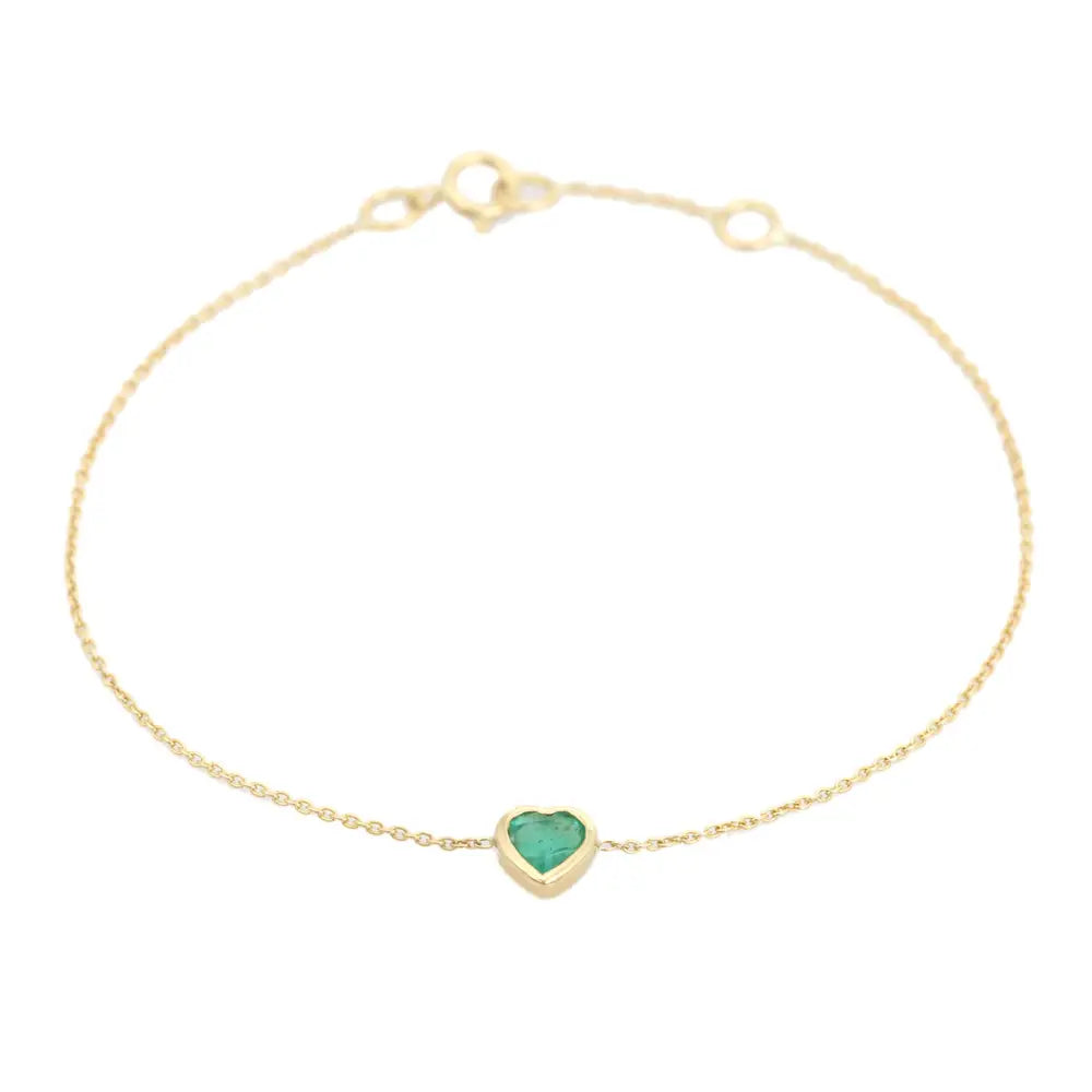 14K Solid Yellow Gold Natural Emerald Heart Shape Spring Lock Chain Bracelet Women Jewelry