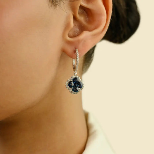 Trending K14 White Gold Blue Sapphire & Diamond Luxury Hoop Charm Clover Drop Earrings