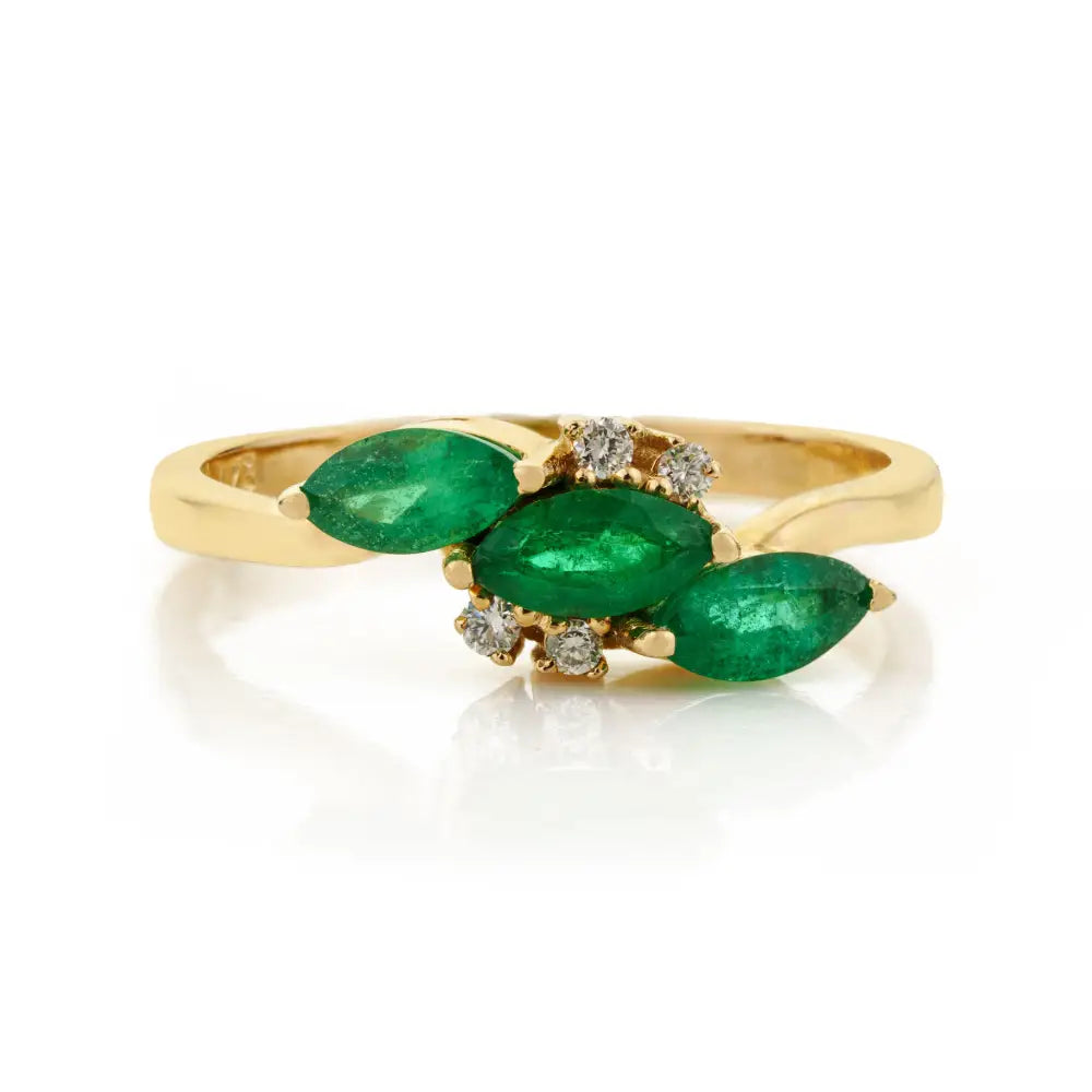 Marquise Shape Emerald & Diamond Three Stone Ring Stackable 14K Yellow Gold Jewelry