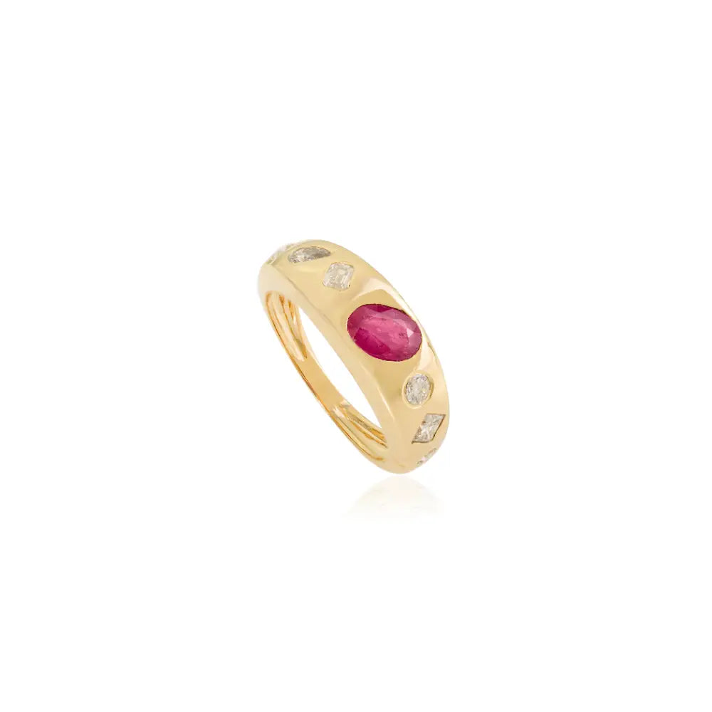 Best Selling Mixed Shape Diamond & Ruby Chunky Dome Ring 18K Yellow Gold Engagement Jewelry