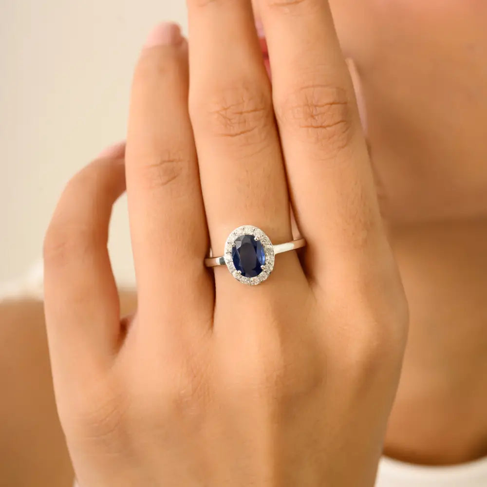 8x6 mm Oval Blue Sapphire & Diamond Halo Ring Engagement Jewelry 14K White Gold