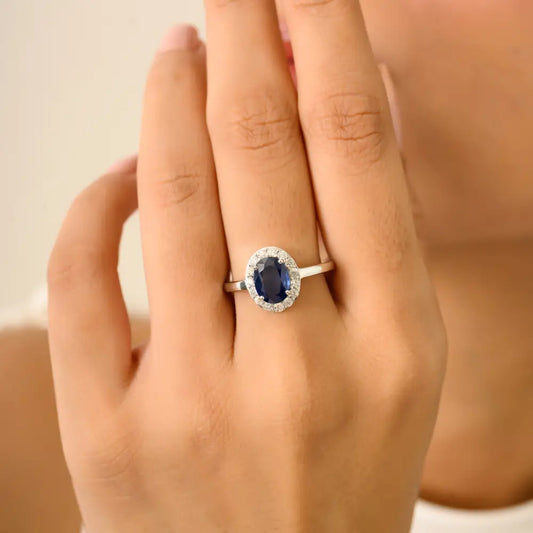 8x6 mm Oval Blue Sapphire & Diamond Halo Ring Engagement Jewelry 14K White Gold