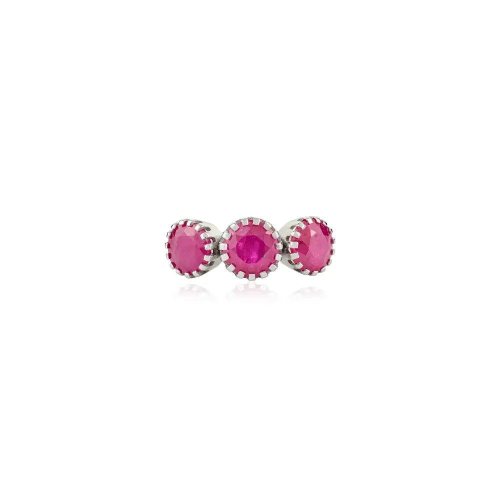 Precious Gemstone Round Cut Ruby Three Stone Ring Fine Pure K14 Gold Gift For Women Jewelry