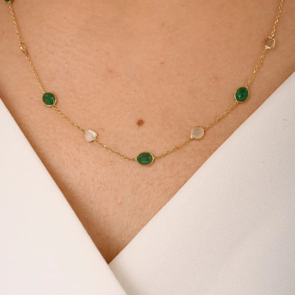 Emerald & Diamond Solid 18K Yellow Gold Handcrafted Long Chain Necklace