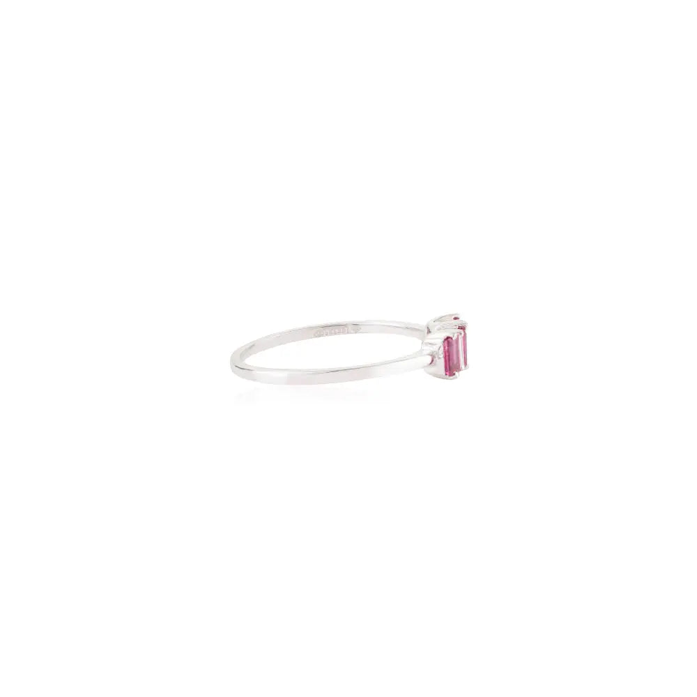 Minimalist Ruby & Diamond Three Stone Ring For Women 14K Pure White Gold Custom Jewelry