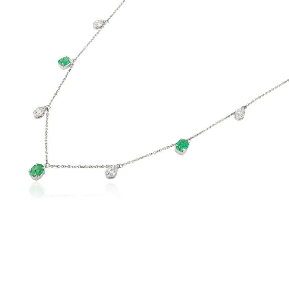 Elegant Design 14K White Gold Emerald & Diamond Stacking Charm Necklace Everyday Jewelry