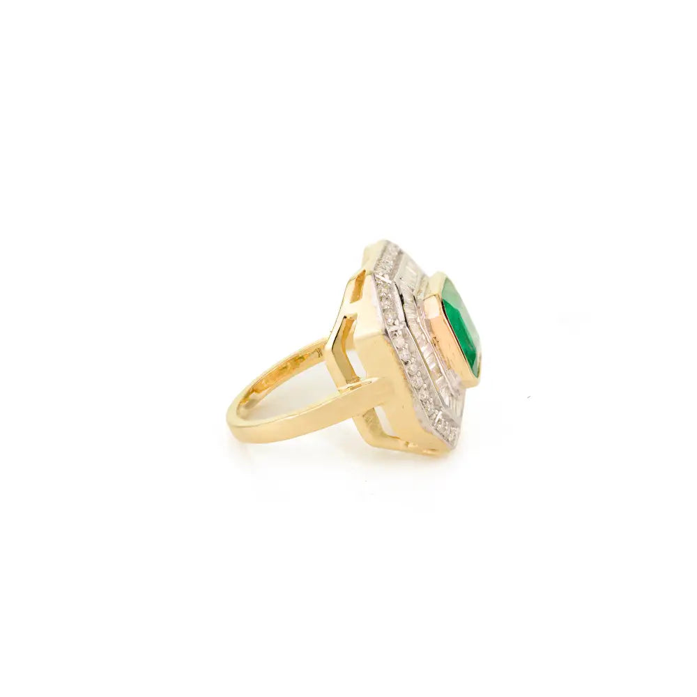 Precious Gemstone Cushion Cut Emerald & Diamond 14K Yellow Gold Bold Wedding Ring