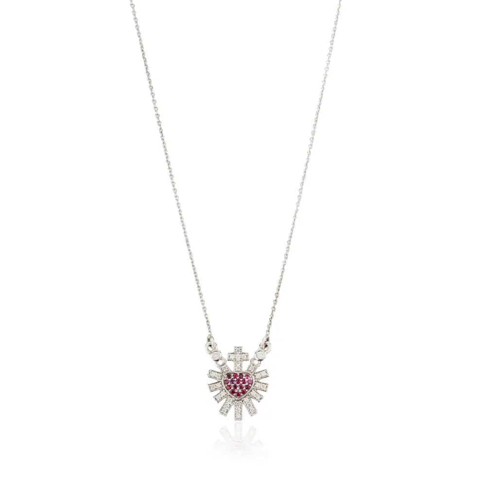 Real Ruby & Diamond Sacred Heart Sunburst Pendant Necklace Unique Design 14K White Gold