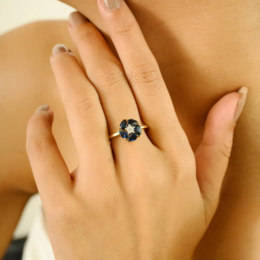 Flower Inspired 14K Yellow Gold Blue Sapphire & Diamond Engagement Gemstone Ring