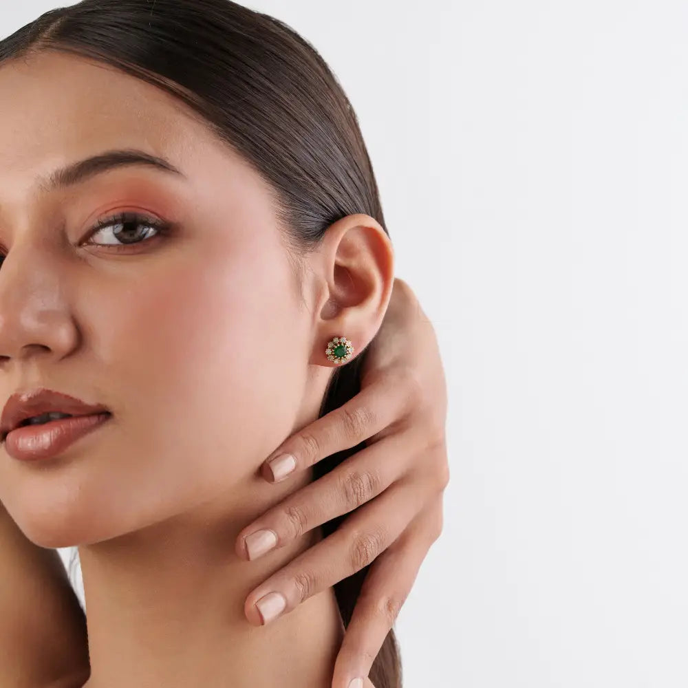 Flower Inspired Round Cut Emerald & Diamond Pure 14K Yellow Gold Stud Earrings For Girls
