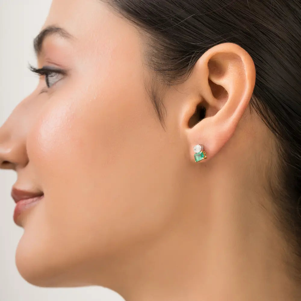 Prong Set Emerald & Diamond Minimal Stud Earrings Handmade 18K Two Tone Gold Jewelry