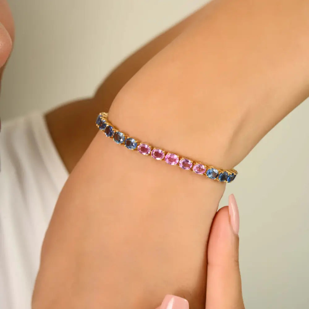 New Collection of Handmade Multi Sapphire Gemstone Tennis Bracelet Real 18K Yellow Gold