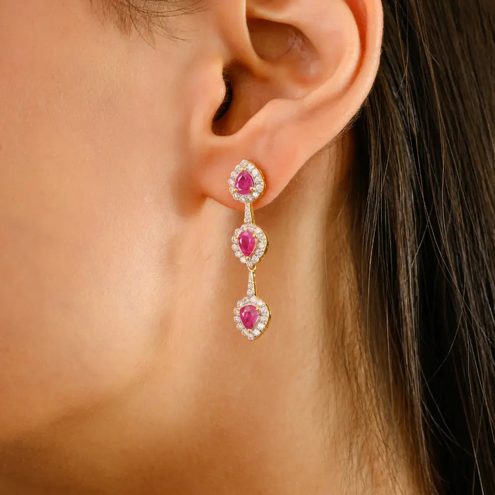 Solid 14K Yellow Gold Ruby & Diamond Dangle Earrings Wedding Jewelry For Women