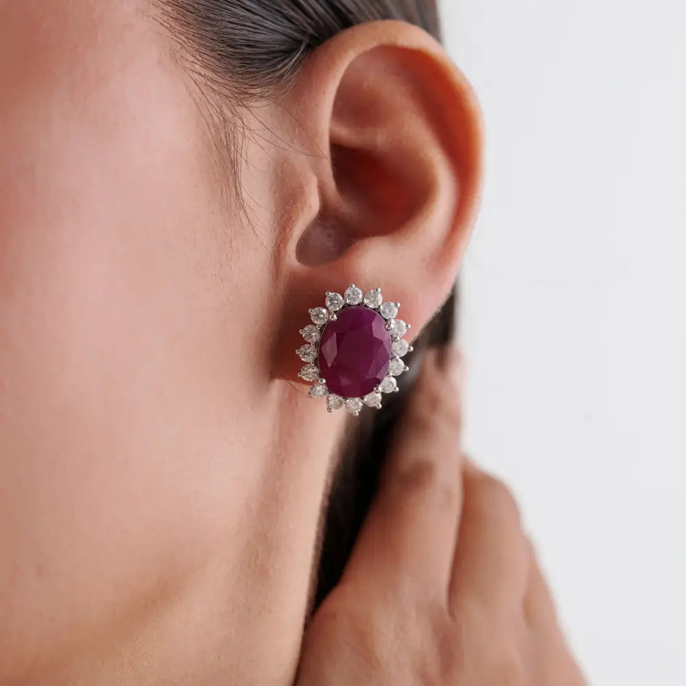 18.91ct. Ruby & Diamond Statement Cluster Stud Earrings Solid 14K White Gold Custom Jewelry