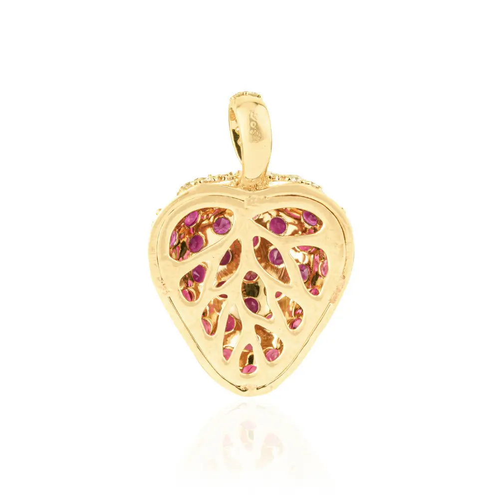 Unique Design Full Pave Set Ruby & Diamond Strawberry Pendant 14K Real Yellow Gold Jewelry