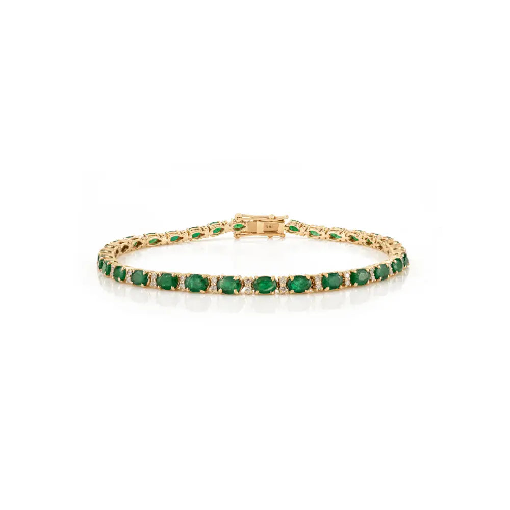 Stackable Box Lock Tennis Bracelet Featuring Emerald & Diamond 14K Solid Yellow Gold