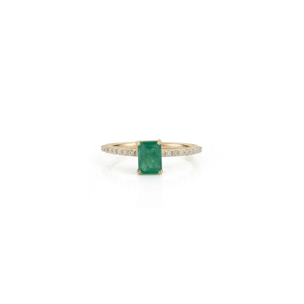 100% Natural 7x5 mm Emerald & Diamond Gemstone Ring 14K Yellow Gold Fine Jewelry