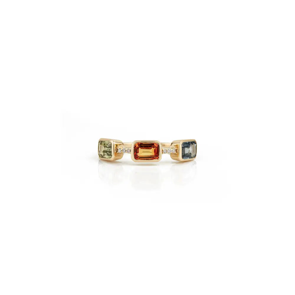 Elegant Design 14K Solid Yellow Gold Multi Sapphire & Diamond Three Stone Ring Stack Jewelry