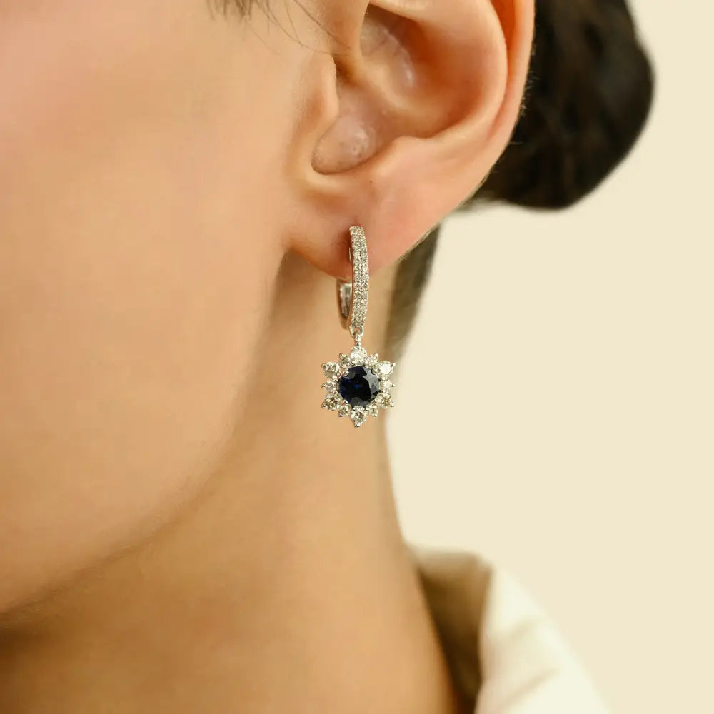 Unique Design Blue Sapphire & Diamond 14K Solid Gold Cluster Charm Hoop Drop Earrings