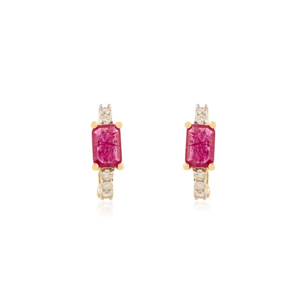 July Birthstone Ruby & Diamond 18K Yellow Gold Minimal Hoop Earrings Valentine Gift