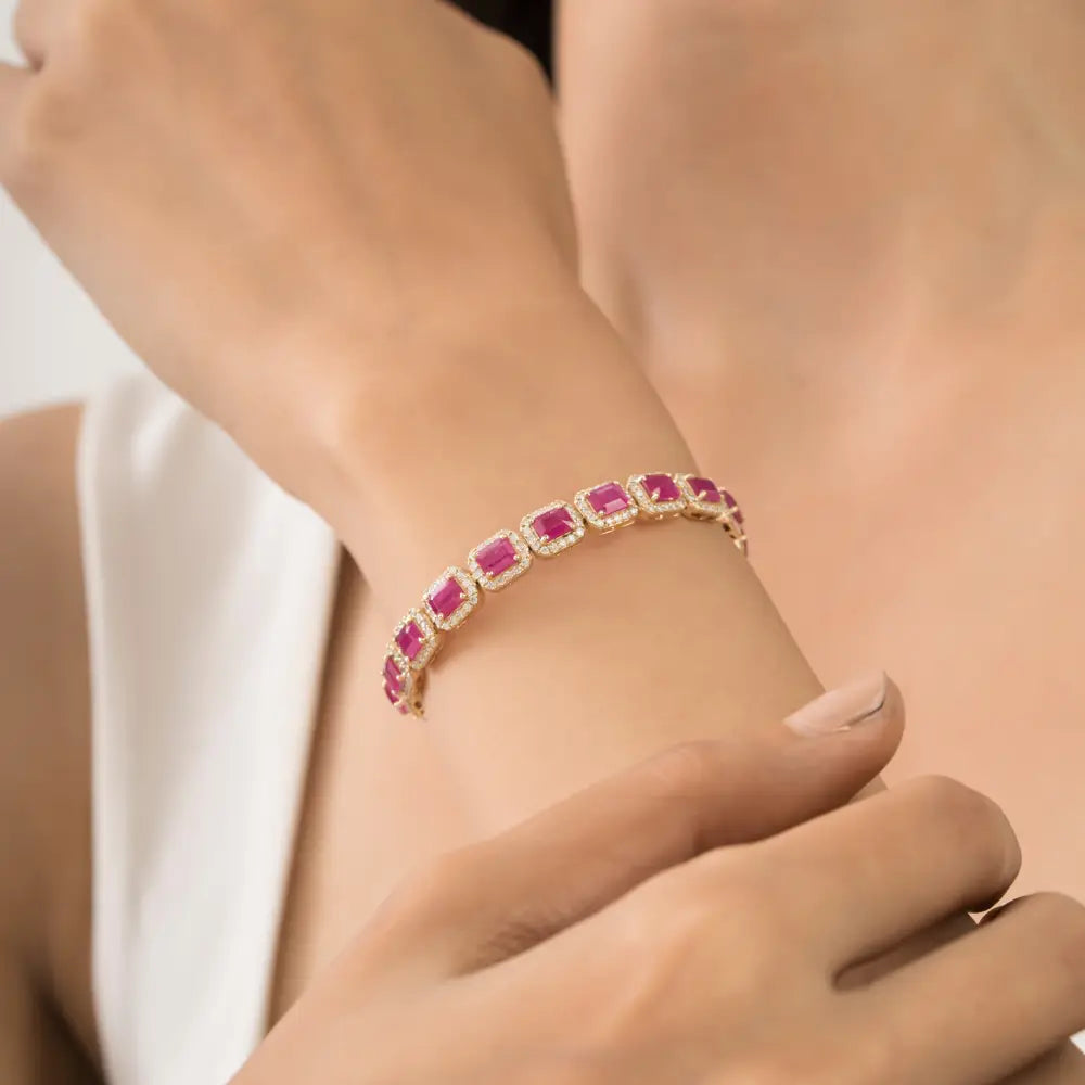 Luxurious Ruby & Diamond Halo Statement Tennis Bracelet 14K Yellow Gold Wedding Jewelry