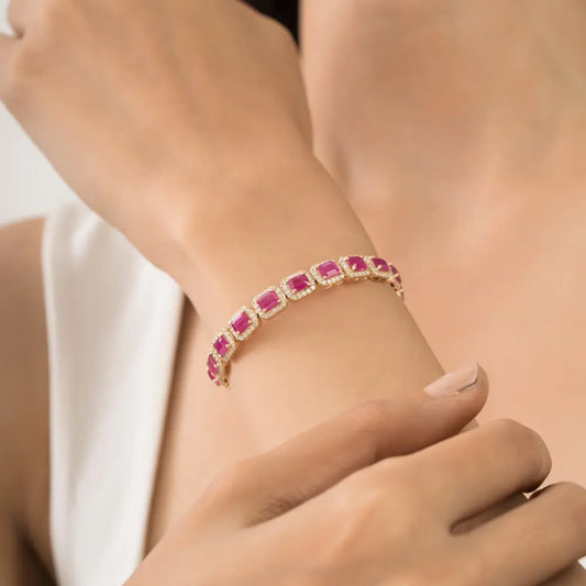 Luxurious Ruby & Diamond Halo Statement Tennis Bracelet 14K Yellow Gold Wedding Jewelry