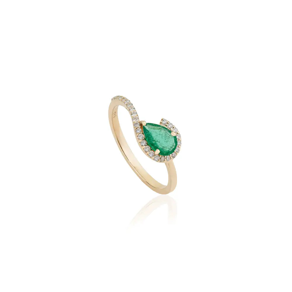 Unique Design Prong Set Emerald & Diamond K14 Real Yellow Gold Gemstone Ring New Jewelry