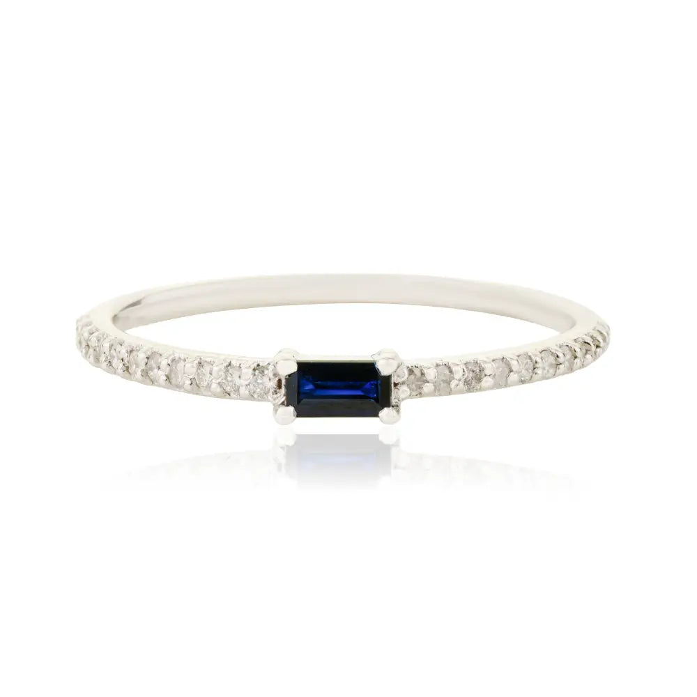 Minimalist Blue Sapphire & Diamond K14 Solid White Gold Stacking Band Ring Everyday Jewelry