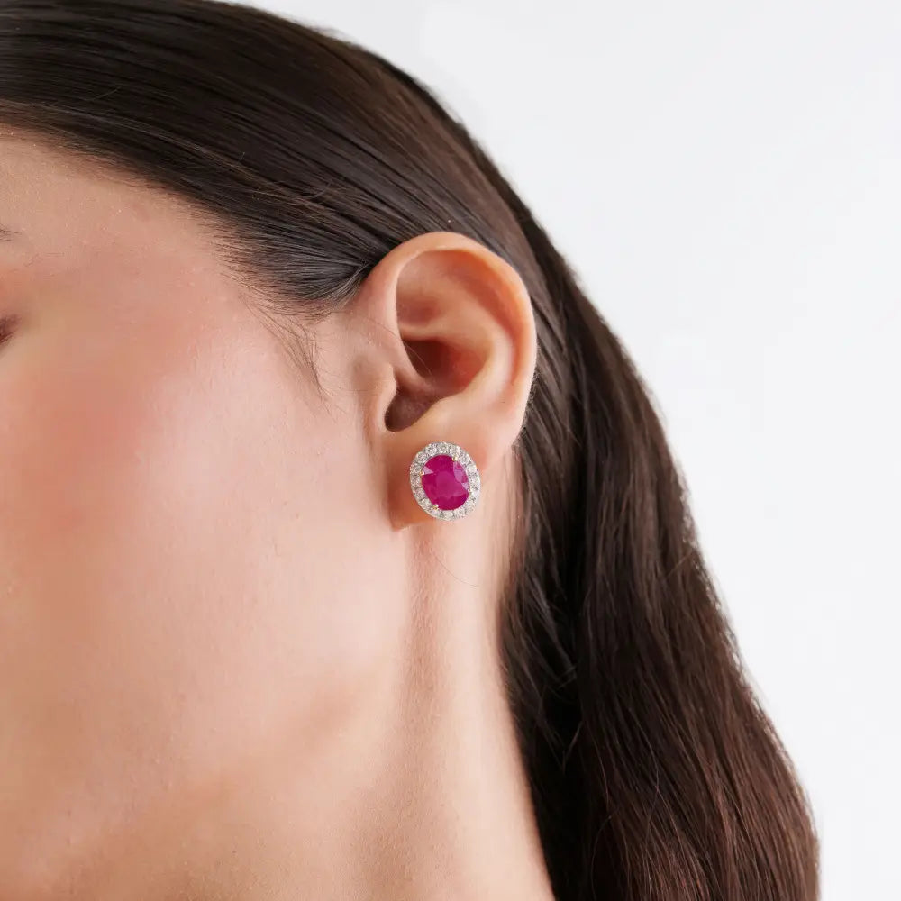 Latest New Arrivals K18 Yellow Gold Ruby & Diamond Halo Statement Stud Earrings For Women's