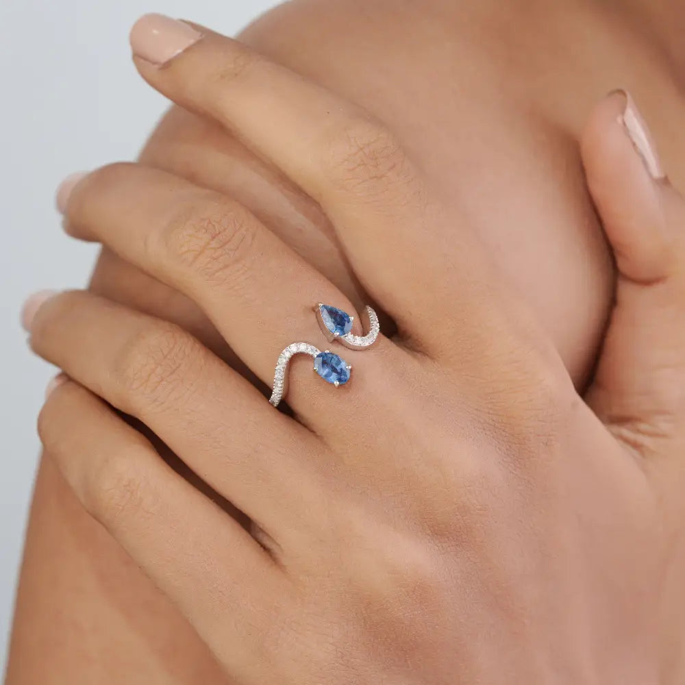 14K Real White Gold Blue Sapphire & Diamond Wavy Open Toi et Moi Ring Wedding Jewelry