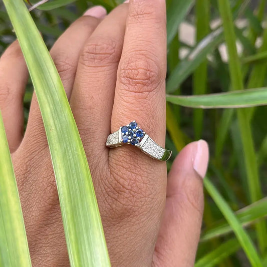 Real Blue Sapphire & American Diamond Flower Band Ring For Women September Birthstone Jewelry