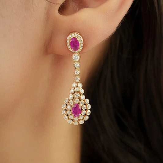 Bold Statement Ruby & Diamond Solid K14 Yellow Gold Dangle Earrings Anniversary Gift