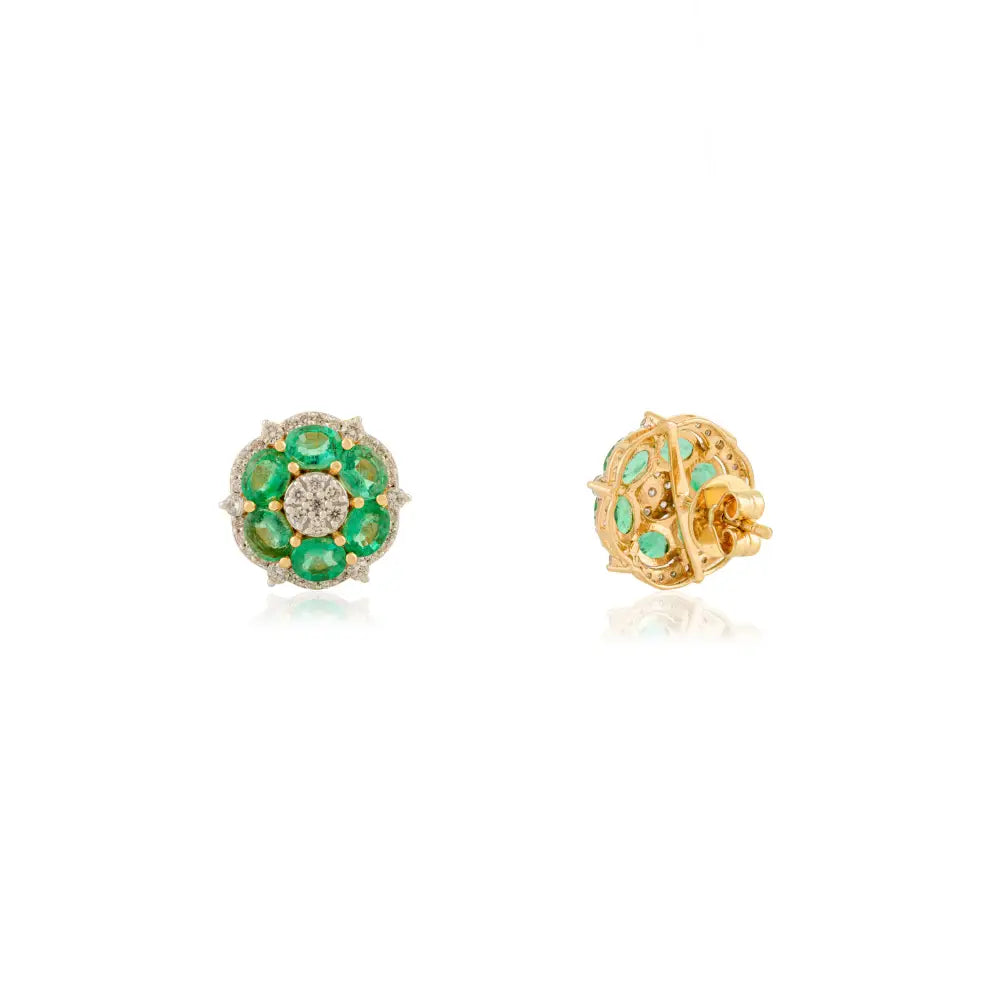 Flower Inspired Emerald & Diamond Statement Stud Earrings Fine 18K Yellow Gold Jewelry