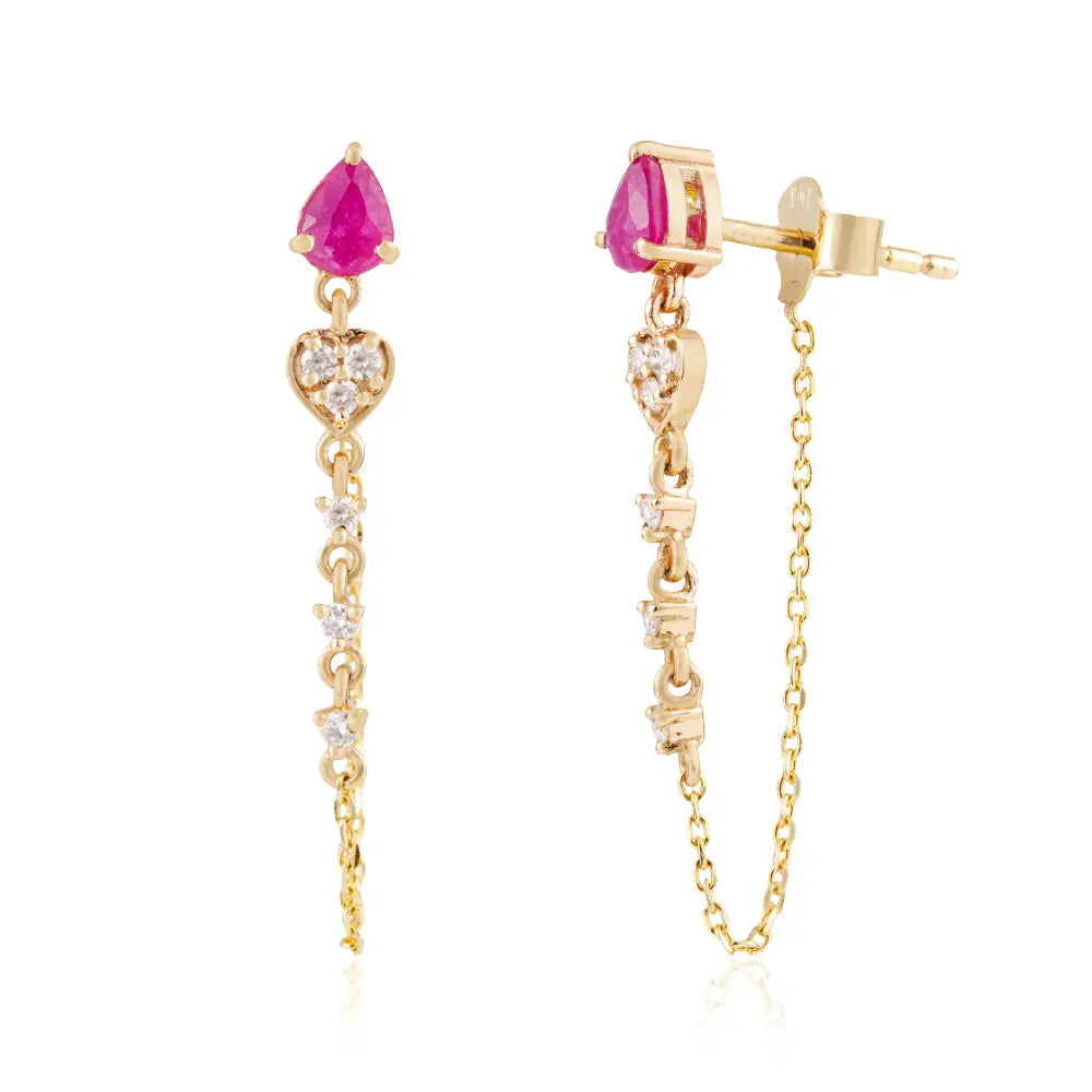 Precious Gemstone Ruby & Diamond Chain Loop Drop Earrings Solid K14 White Gold Jewelry