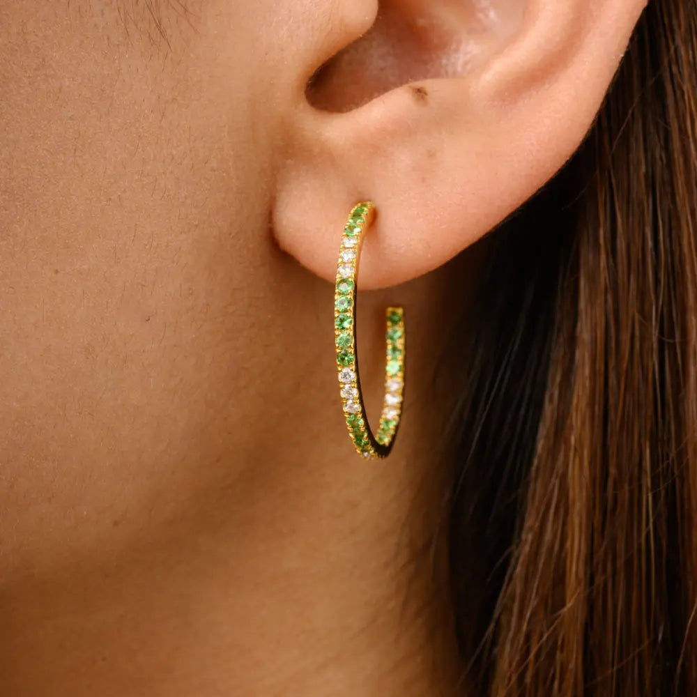 Handmade Jewelry Tsavorite & Diamond Solid 18K Yellow Gold C-Hoop Earrings