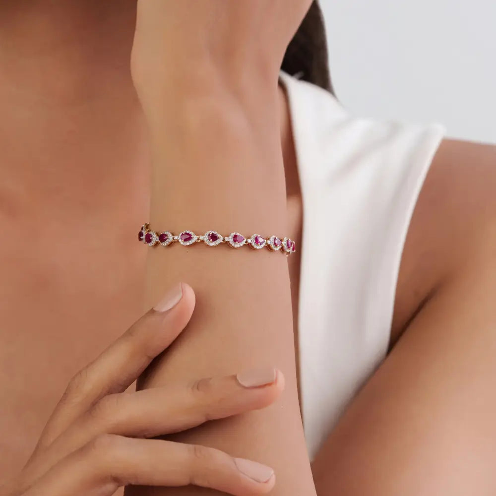 New Arrivals Real Ruby & Diamond K14 Solid Yellow Gold Halo Wedding Bracelet Valentine's Day Gift Jewelry
