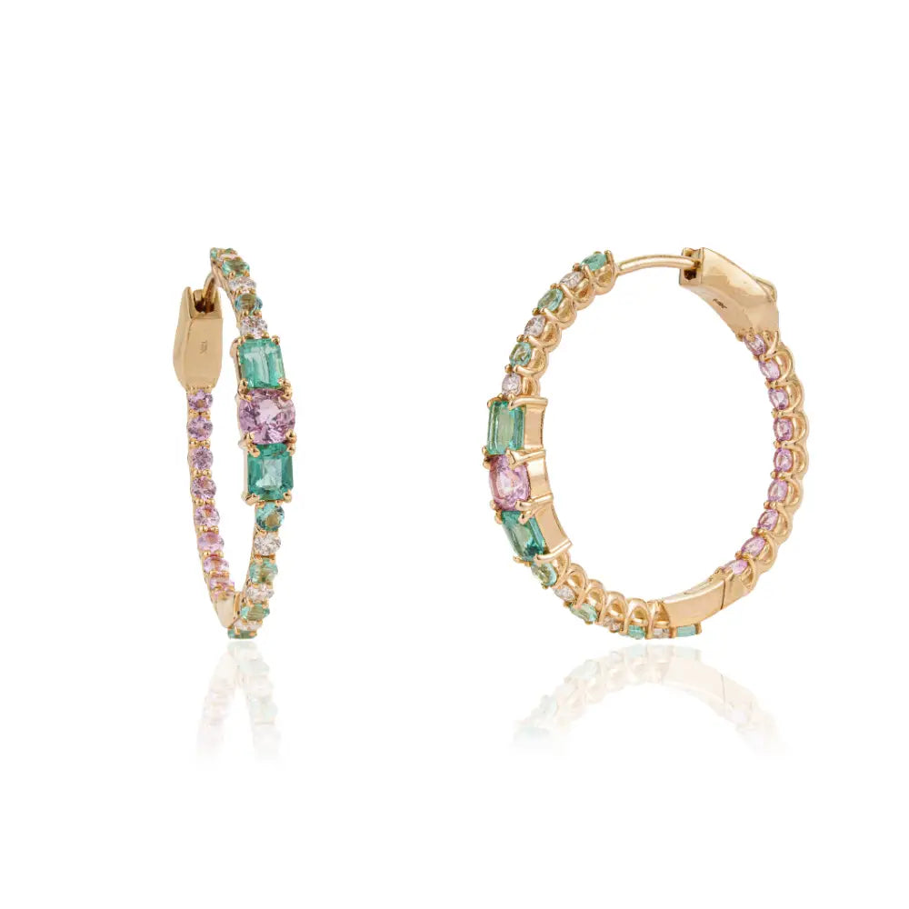 Precious Gemstone Emerald Pink Sapphire & Diamond Hoop Earrings 18K Yellow Gold Jewelry